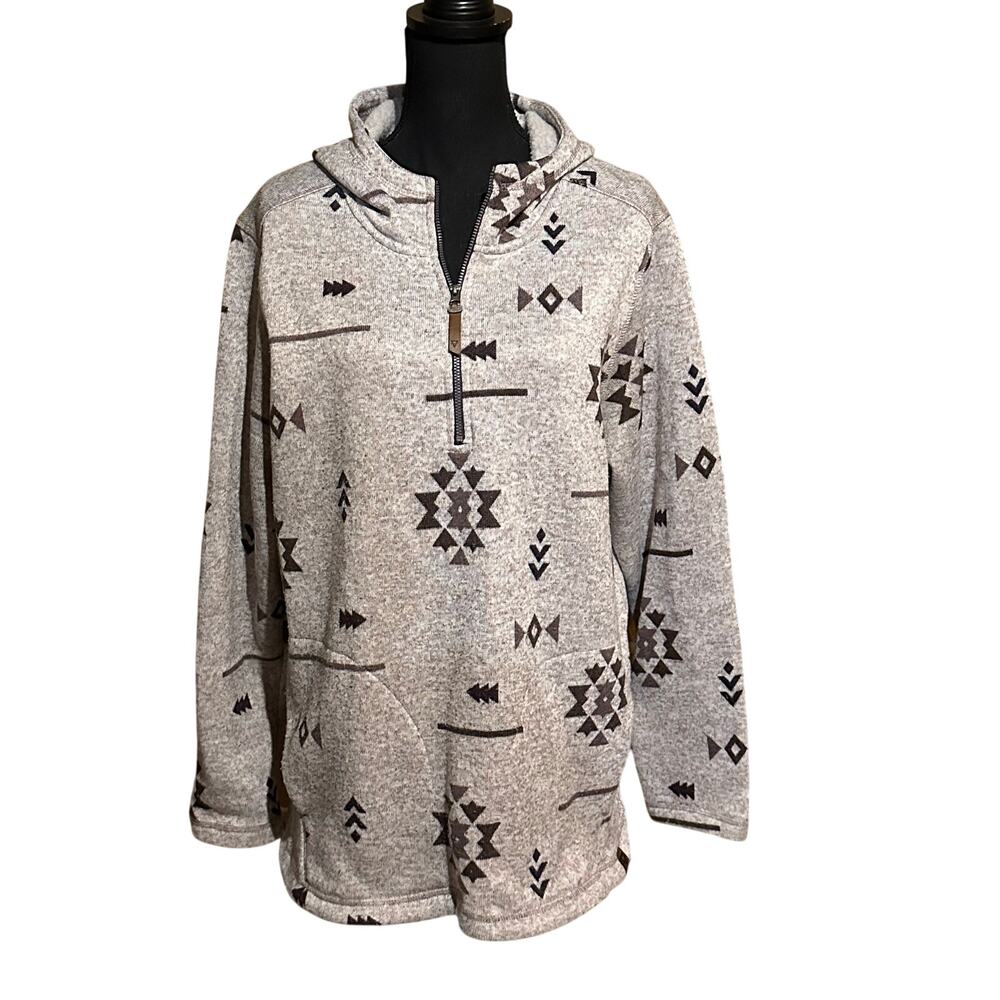 LIV Outdoor Gray Aztec Southwestern Print Fleece Hoodie Sweatshirt XXL
